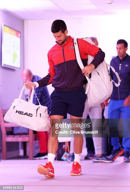 Novak Djokovic of Serbia starts his walk out on to the court from the locker room area for his second round match on Day 4 of the 2023 French Open at...