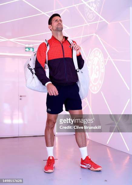 Novak Djokovic of Serbia moments before walking out for his fourth round match on Day 4 of the 2023 French Open at Roland Garros on June 04, 2023 in...