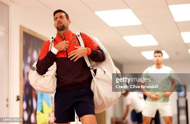 Novak Djokovic of Serbia moments before walking out for the semifinal match on Day Thirteen of the 2023 French Open at Roland Garros on June 09, 2023...