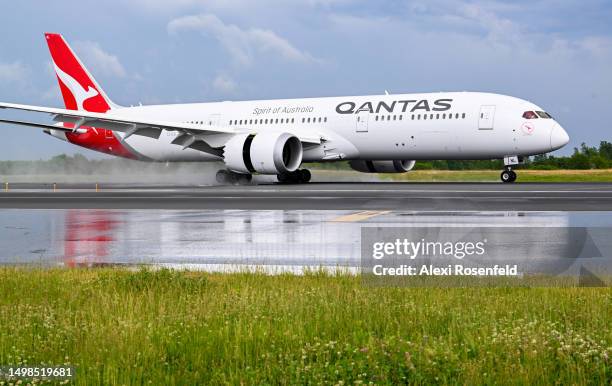 Qantas 787 Dreamliner, flight number QF3 lands at JFK International Airport after flying 15 hours and 8 minutes from Auckland, New Zealand on June...