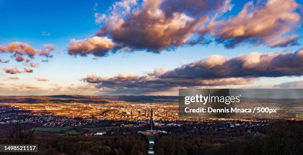 high angle view of townscape against sky at sunset,kassel,germany - kassel stock-fotos und bilder