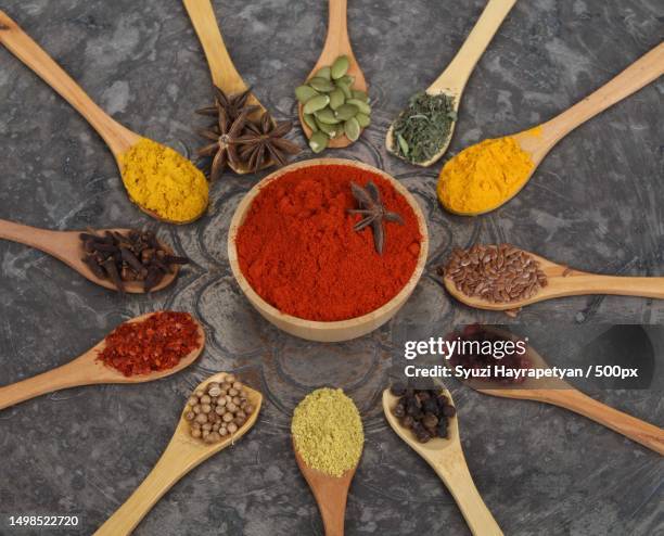 close-up of various spices in spoons on table,yerevan,armenia - armenia ストックフォトと画像