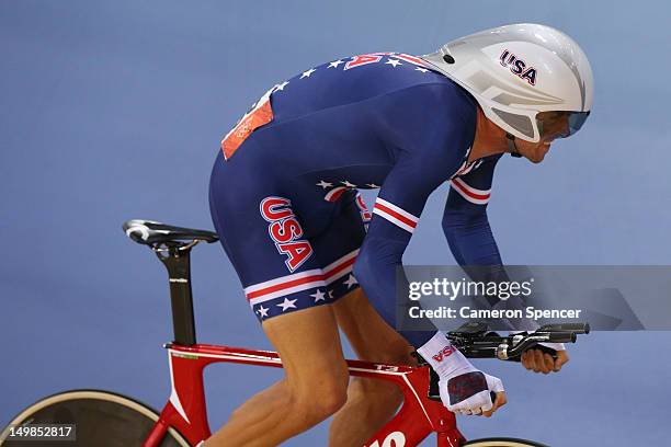 Bobby Lea of the United States competes in the Men's Omnium Track Cycling 1km Time Trial on Day 9 of the London 2012 Olympic Games at Velodrome on...