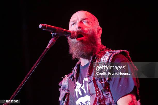 Singer Tim Armstrong of the American band Rancid performs live on stage during a concert at the Columbiahalle on June 12, 2023 in Berlin, Germany.