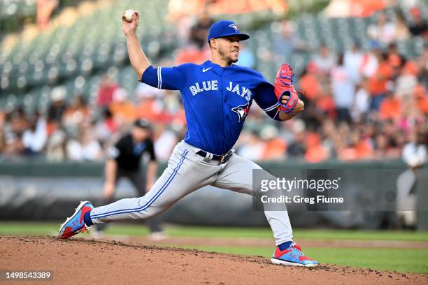Jose Berrios of the Toronto Blue Jays pitches in the second inning against the Baltimore Orioles at Oriole Park at Camden Yards on June 14, 2023 in...