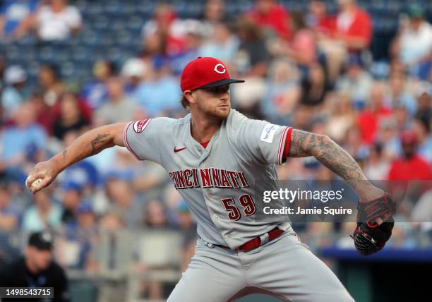 Starting pitcher Ben Lively of the Cincinnati Reds pitches during the 1st inning of the game against the Kansas City Royals during the game at...