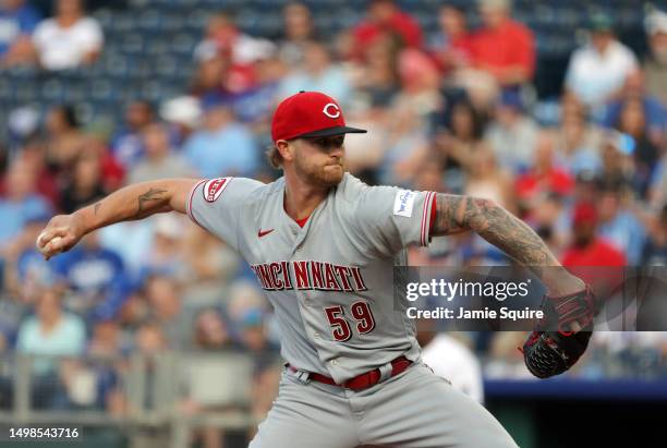 Starting pitcher Ben Lively of the Cincinnati Reds pitches during the 1st inning of the game against the Kansas City Royals during the game at...