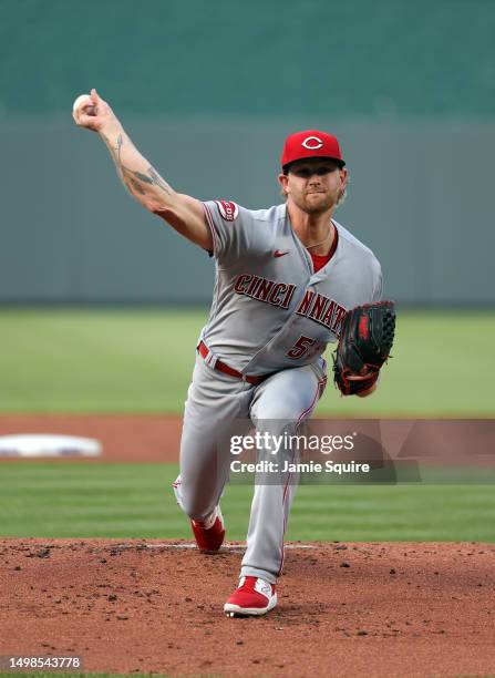 Starting pitcher Ben Lively of the Cincinnati Reds warms up prior to the 1st inning of the game against the Kansas City Royals during the game at...