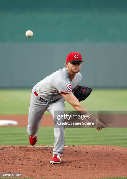 Starting pitcher Ben Lively of the Cincinnati Reds warms up prior to the 1st inning of the game against the Kansas City Royals during the game at...