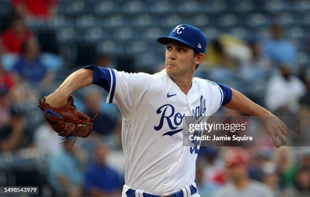 Starting pitcher Daniel Lynch of the Kansas City Royals pitches during the 1st inning of the game against the Cincinnati Reds at Kauffman Stadium on...