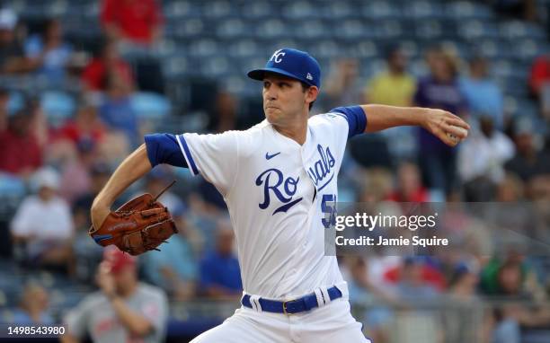 Starting pitcher Daniel Lynch of the Kansas City Royals pitches during the 1st inning of the game against the Cincinnati Reds at Kauffman Stadium on...