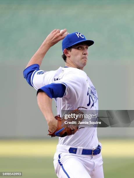 Starting pitcher Daniel Lynch of the Kansas City Royals warms up prior to the 1st inning of the game against the Cincinnati Reds at Kauffman Stadium...