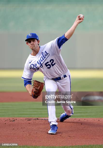 Starting pitcher Daniel Lynch of the Kansas City Royals warms up prior to the 1st inning of the game against the Cincinnati Reds at Kauffman Stadium...