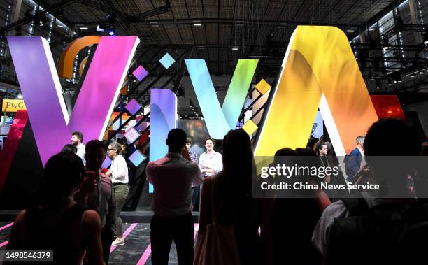 Logo is seen during VIVA Technology 2023 on June 14, 2023 in Paris, France.