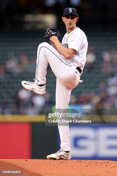 George Kirby of the Seattle Mariners pitches during the first inning against the Miami Marlins at T-Mobile Park on June 13, 2023 in Seattle,...