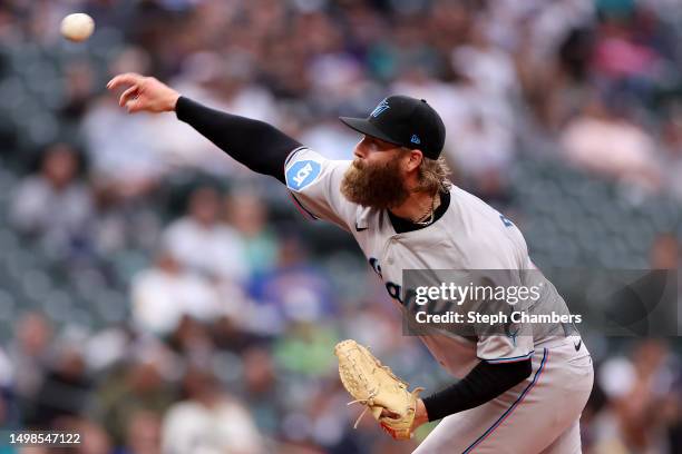Archie Bradley of the Miami Marlins pitches against the Seattle Mariners at T-Mobile Park on June 13, 2023 in Seattle, Washington.