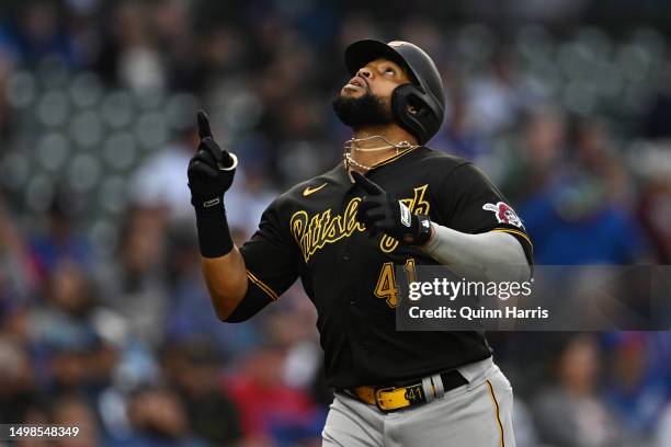 Carlos Santana of the Pittsburgh Pirates celebrates his two-run home run in the first inning against the Chicago Cubs at Wrigley Field on June 14,...