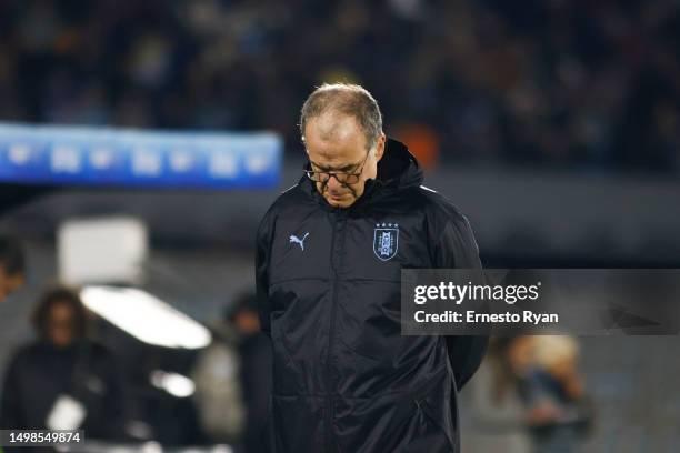 Marcelo Bielsa head coach of Uruguay looks on during an international friendly match between Uruguay and Nicaragua at Centenario Stadium on June 14,...