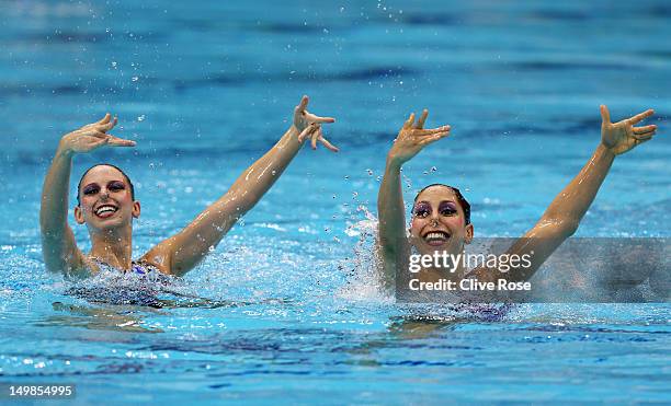 Sara Labrousse and Chloe Willhelm of France compete in the Synchronised Swimming - Duets - Technical Routine on Day 9 of the London 2012 Olympic...