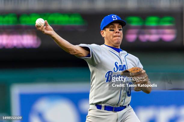 Rep. Pete Aguilar returns a hit ball against the Republicans in the Congressional Baseball Game at Nationals Park on June 14, 2023 in Washington, DC....