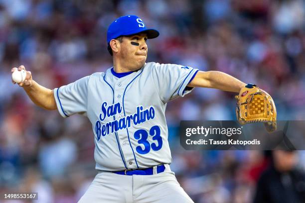 Rep. Pete Aguilar pitches against the Republicans in the Congressional Baseball Game at Nationals Park on June 14, 2023 in Washington, DC. The annual...