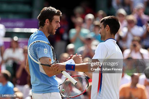 Juan Martin Del Potro of Argentina shakes hands at the net with Novak Djokovic of Serbia after their Men's Singles Tennis Bronze Medal Match on Day 9...