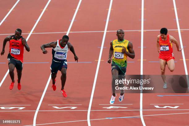 Daniel Bailey of Antigua and Barbuda, Dwain Chambers of Great Britain, Usain Bolt of Jamaica and Bingtian Su of China compete in the Men's 100m Semi...