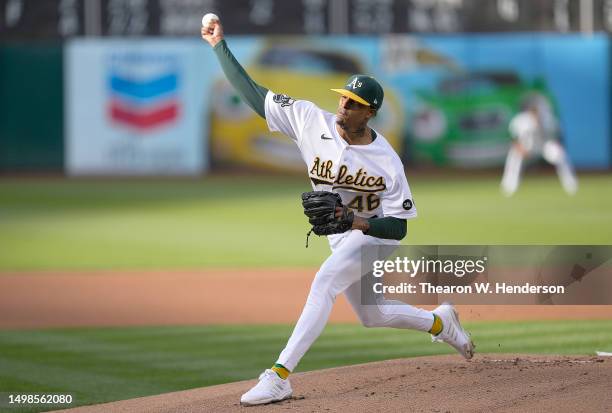 Luis Medina of the Oakland Athletics pitches against the Tampa Bay Rays in the top of the first inning at RingCentral Coliseum on June 14, 2023 in...