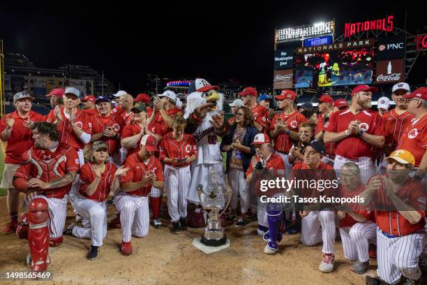 Republicans celebrate wining the Congressional Baseball Game for Charity 16-6 against the Democrats at Nationals Park on June 14, 2023 in Washington,...