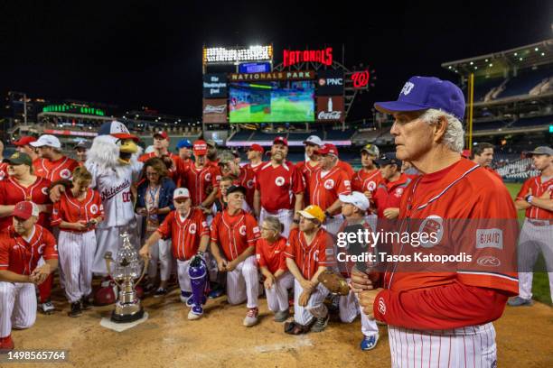 Republicans head coach Rep. Roger Williams celebrates wining the Congressional Baseball Game for Charity 16-6 against the Democrats at Nationals Park...