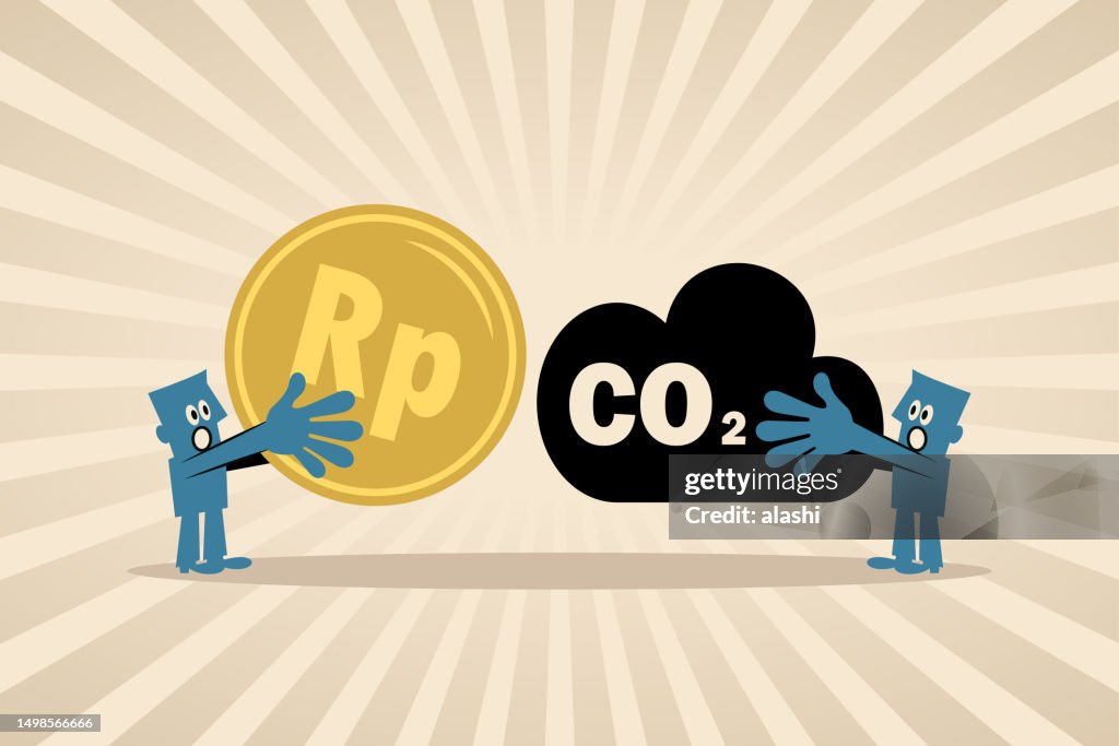 Two people are trading carbon, the concept of Carbon Tax, Net Zero, Cap and Trade, Carbon Offset, Emission Reduction, Exhaust Emissions, and Environmental Protection