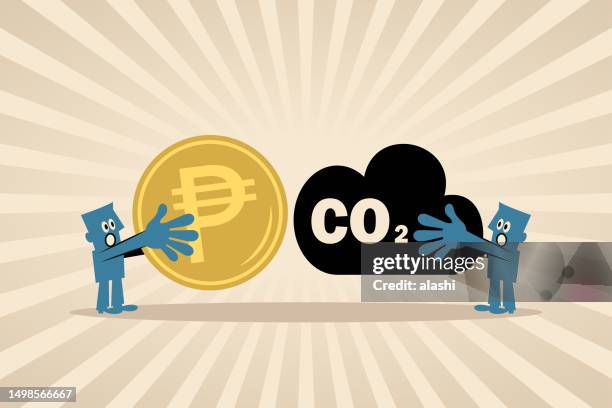 ilustraciones, imágenes clip art, dibujos animados e iconos de stock de dos personas están comerciando carbono, el concepto de impuesto al carbono, cero neto, cap and trade, compensación de carbono, reducción de emisión, emisiones de escape y protección del medio ambiente - carbon trust