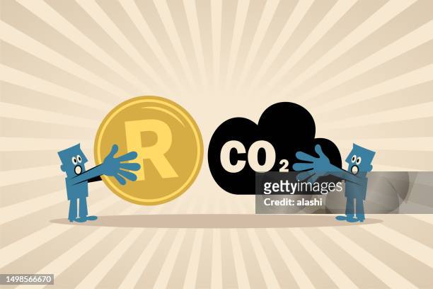two people are trading carbon, the concept of carbon tax, net zero, cap and trade, carbon offset, emission reduction, exhaust emissions, and environmental protection - rand stock illustrations