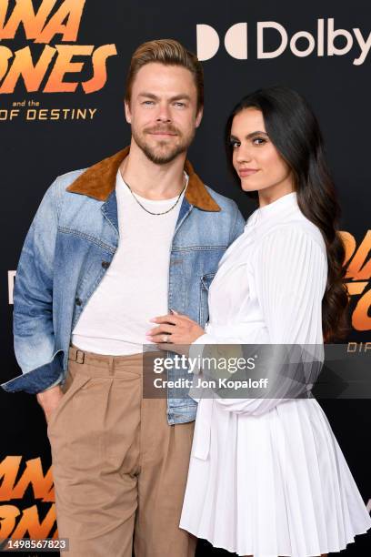 Derek Hough and Hayley Erbert attend the Los Angeles Premiere of LucasFilms' "Indiana Jones And The Dial Of Destiny" at Dolby Theatre on June 14,...