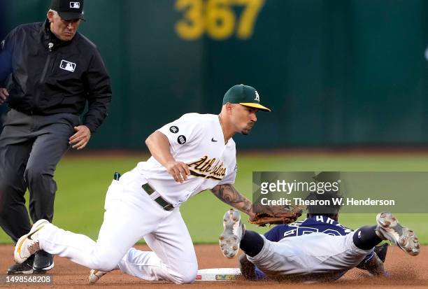 Randy Arozarena of the Tampa Bay Rays gets caught stealing tagged out at second base by Jace Peterson of the Oakland Athletics in the top of the...