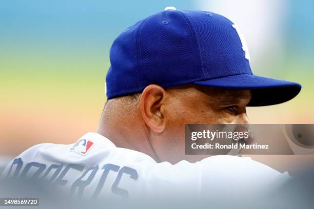 Manager Dave Roberts of the Los Angeles Dodgers in the first inning against the Chicago White Sox at Dodger Stadium on June 14, 2023 in Los Angeles,...