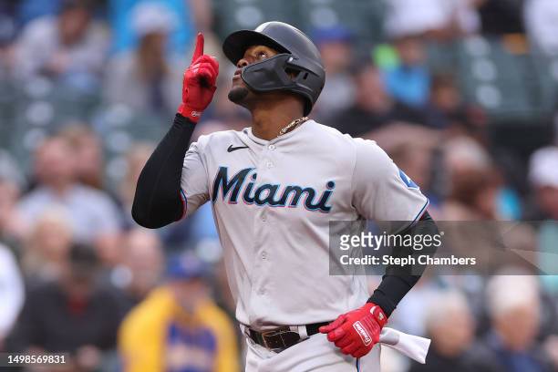 Jorge Soler of the Miami Marlins reacts after his solo home run against the Seattle Mariners during the sixth inning at T-Mobile Park on June 14,...