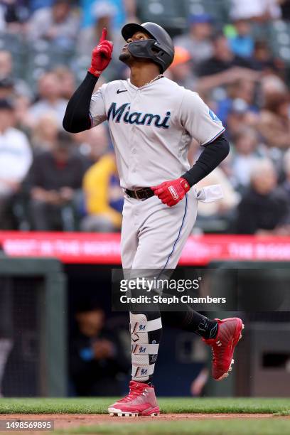 Jorge Soler of the Miami Marlins reacts after his solo home run against the Seattle Mariners during the sixth inning at T-Mobile Park on June 14,...