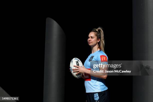 Kezie Apps poses during a New South Wales Sky Blues Women's state of origin training session at NSWRL Centre of Excellence on June 15, 2023 in...