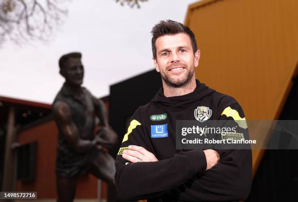 Trent Cotchin of the Tigers poses ahead of his 300th game during a Richmond Tigers A FL training session at Punt Road Oval on June 15, 2023 in...