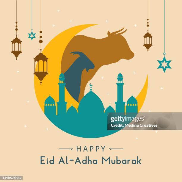 qurban in eid al adha mubarak mit moschee, sternen und laternen als hintergrund. - eid al adha stock-grafiken, -clipart, -cartoons und -symbole