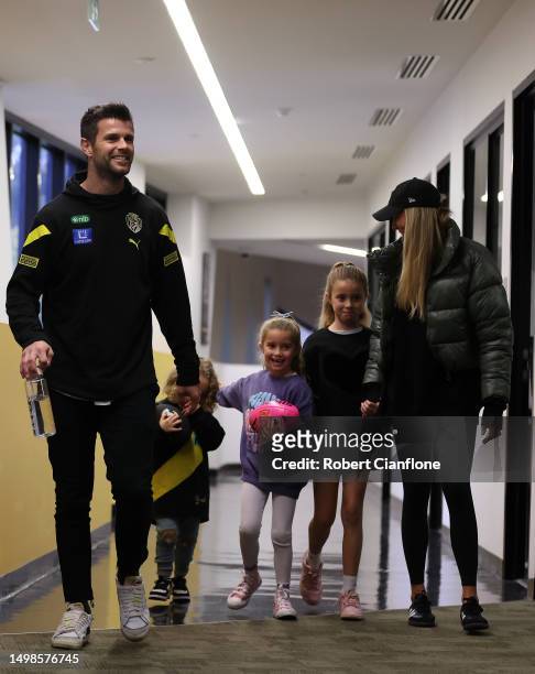 Trent Cotchin of the Tigers arrives for a press conference with his family during a Richmond Tigers A FL training session at Punt Road Oval on June...