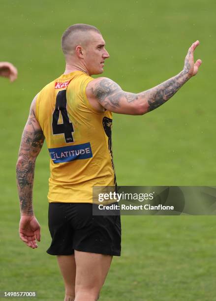Dustin Martin of the Tigers gestures during a Richmond Tigers A FL training session at Punt Road Oval on June 15, 2023 in Melbourne, Australia.