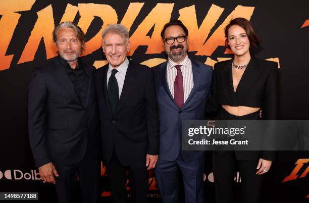 Mads Mikkelsen, Harrison Ford, James Mangold and Phoebe Waller-Bridge attend the Indiana Jones and the Dial of Destiny U.S. Premiere at the Dolby...