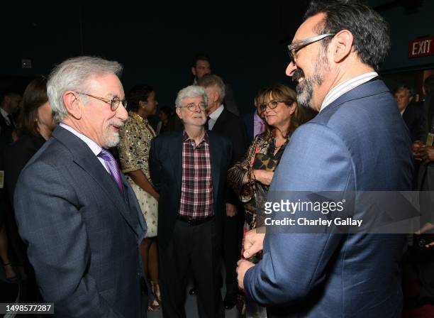 Steven Spielberg, George Lucas, Karen Allen and James Mangold attend the Indiana Jones and the Dial of Destiny U.S. Premiere at the Dolby Theatre in...