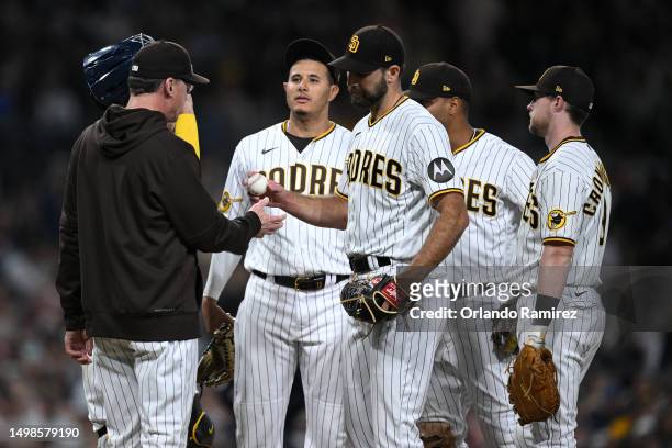 Michael Wacha of the San Diego Padres is taken out of the game by manager Bob Melvin during the seventh inning against the Cleveland Guardians at...