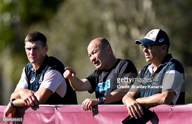 Wallabies Coach Eddie Jones is seen watching on during a Queensland Maroons State of Origin training session at Sanctuary Cove on June 15, 2023 in...