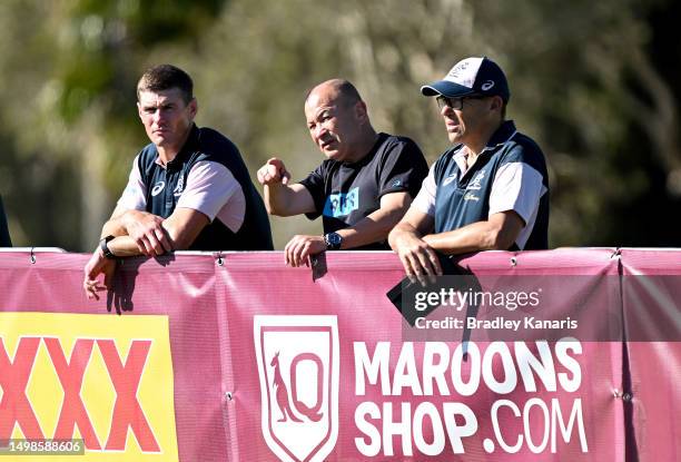 Wallabies Coach Eddie Jones is seen watching on during a Queensland Maroons State of Origin training session at Sanctuary Cove on June 15, 2023 in...