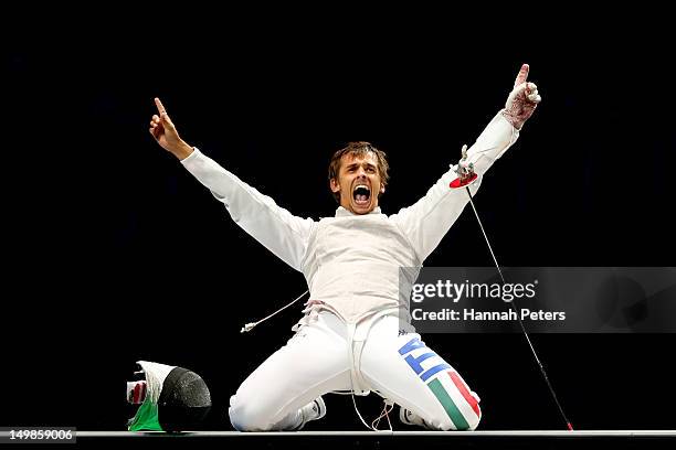 Andrea Baldini of Italy celebrates defeating Yuki Ota of Japan to win the gold medal match 45-39 in the Men's Foil Team Fencing finals on Day 9 of...