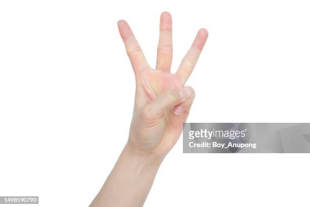 cropped shot of woman hand showing three finger isolated with white background. - 3 fingers stockfoto's en -beelden